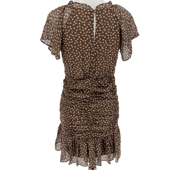 Promesa Brown Floral Ruched Chiffon Mini Dress S Short Sleeve Elastic Back Waist - Picture 2 of 5